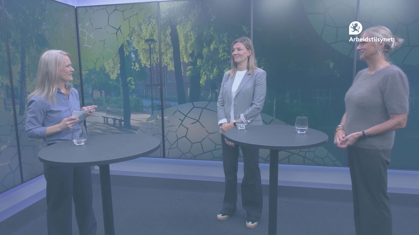 Bilde fra webinaret av programleder Karin stående ved et bord og to gjester ved et annet bord. De ser på hverandre og snakker. et 